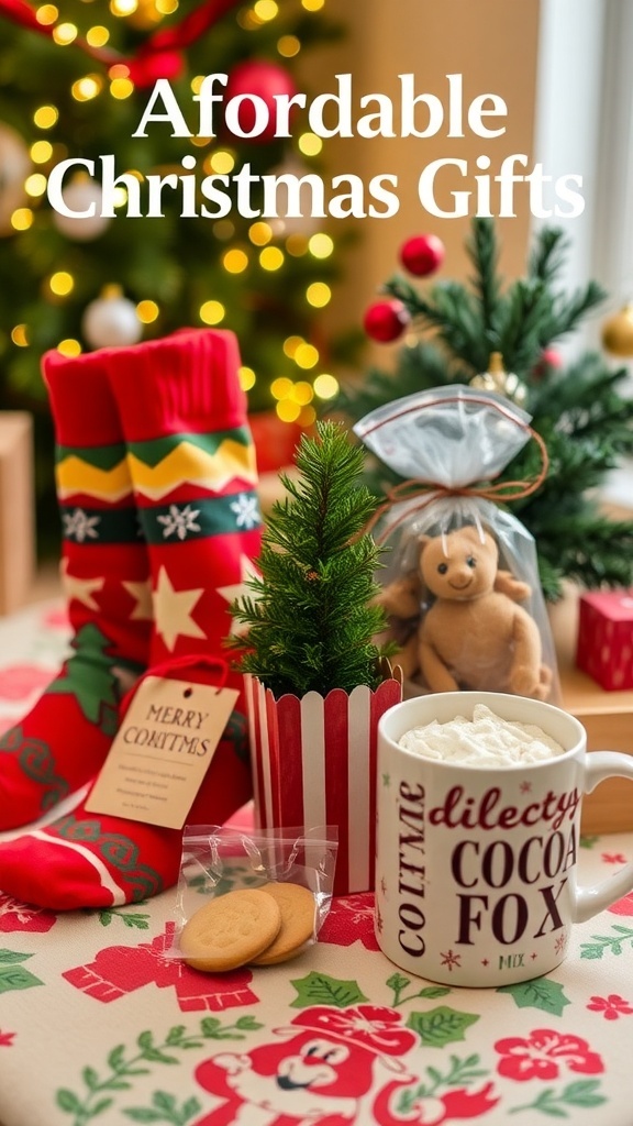 Affordable Christmas Gift Ideas Under $5 A variety of budget-friendly Christmas gifts including socks, cookies, a plant, and a mug on a festive table.